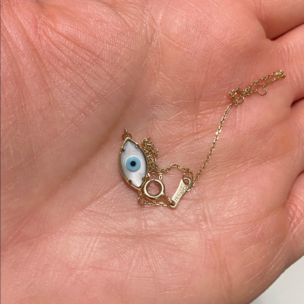 14k solid yellow Gold Bracelet with light Blue Evil Eye mother of pearl Charm